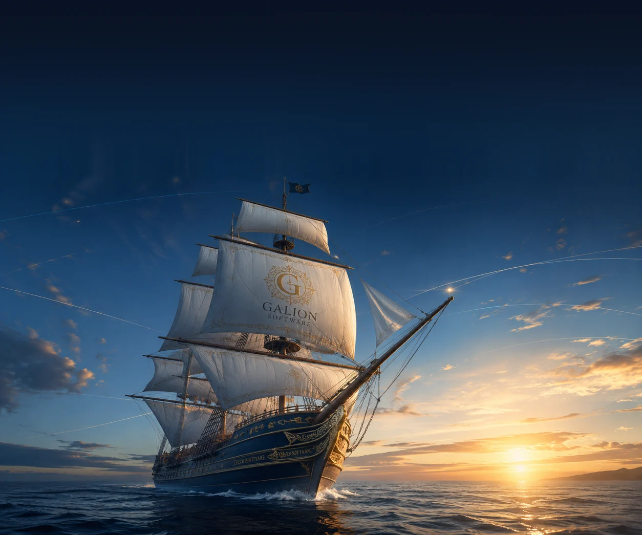 Le galion de Galion Software naviguant en mer, voiles déployées