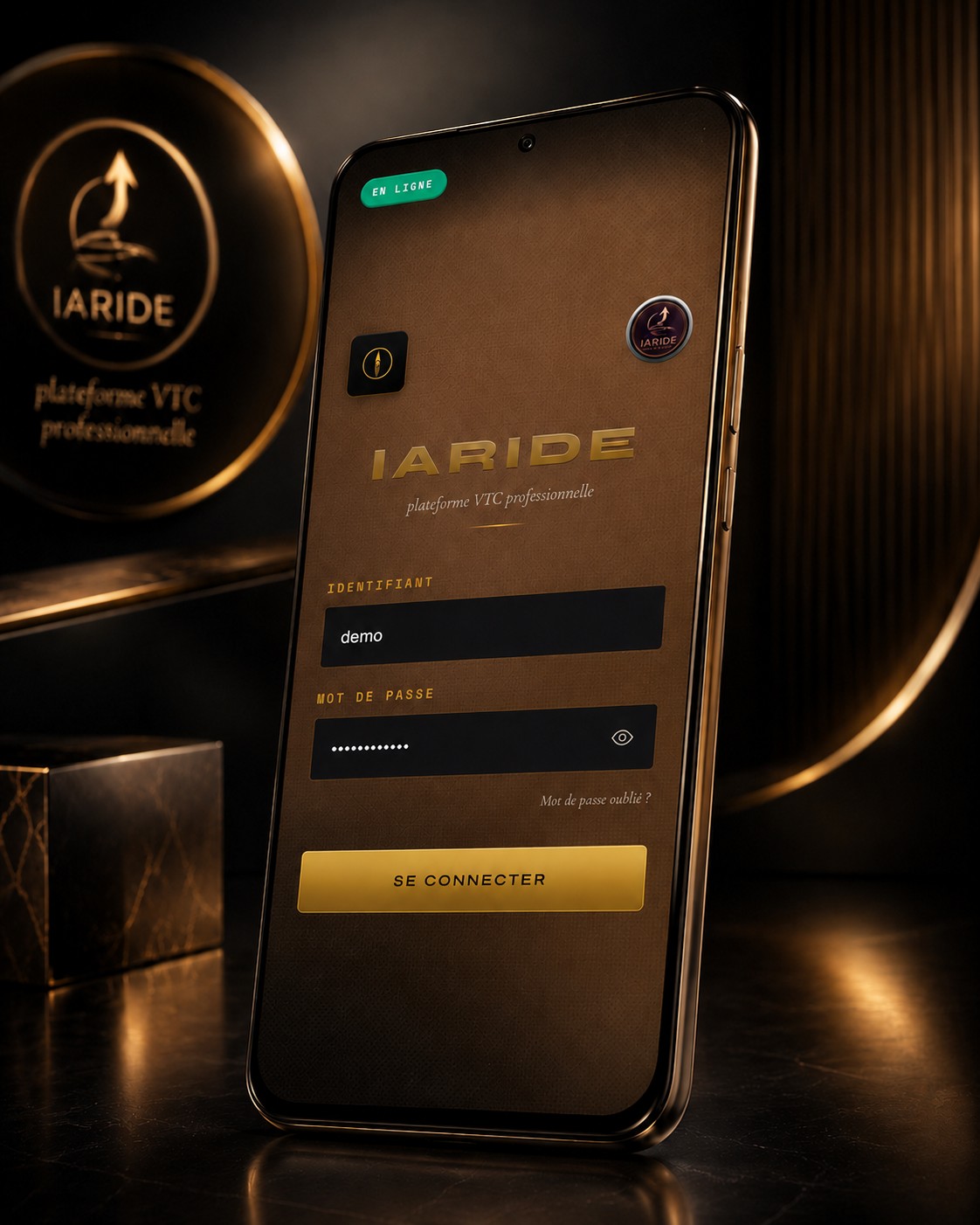 Écran de connexion de l'application chauffeur IARiDE sur smartphone, pour les VTC et les taxis