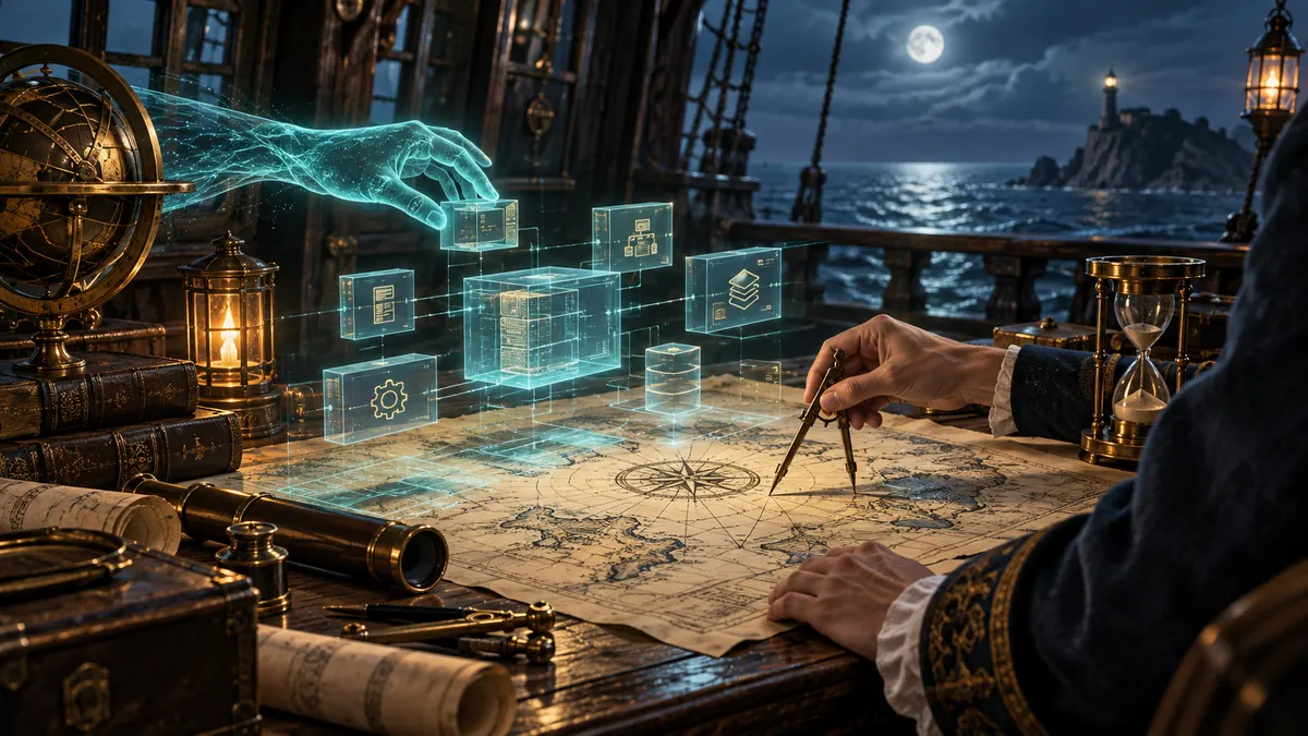 Sur une table de navigation, des composants logiciels lumineux accompagnent les outils d’un navigateur.
