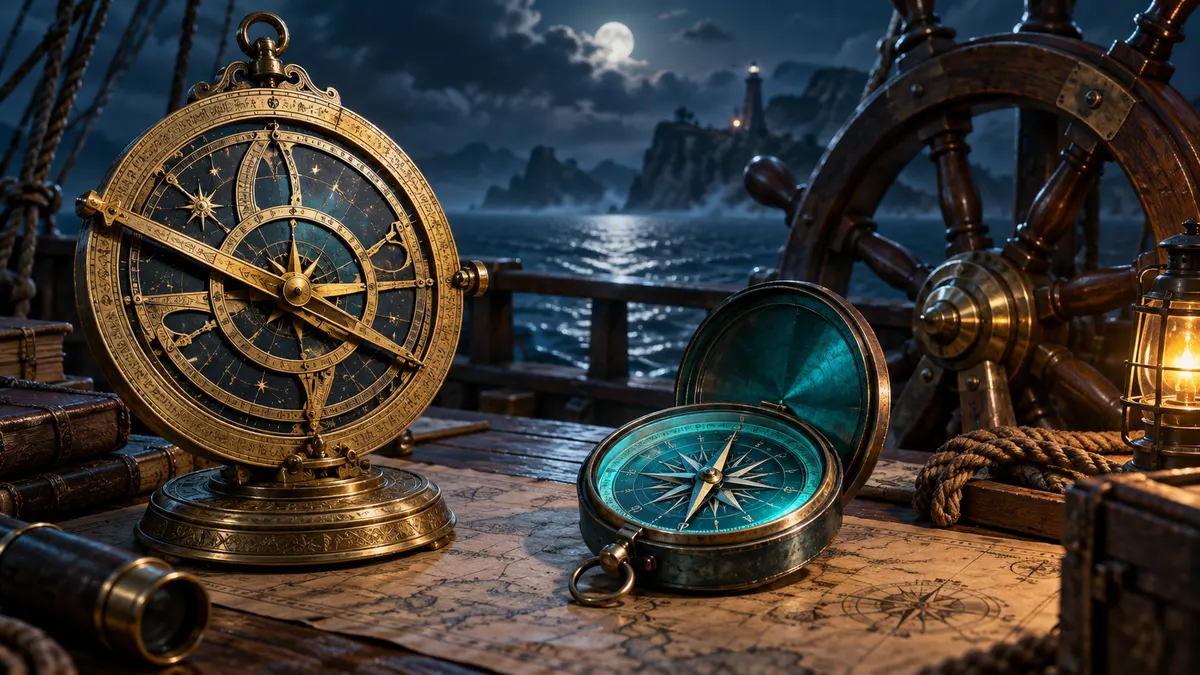 Un astrolabe doré et un compas turquoise sur le pont d’un galion.