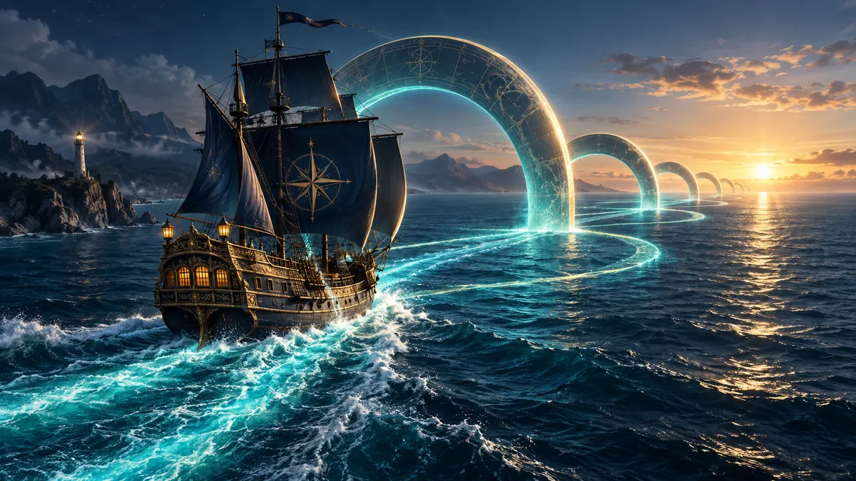 Un galion traverse des arcs lumineux au-dessus de la mer à l’aube.