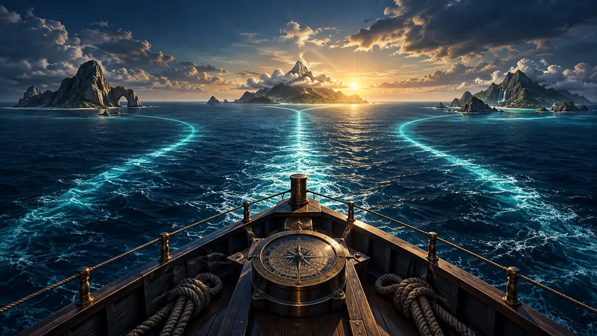 Depuis la proue d’un navire, trois routes lumineuses se dessinent vers des îles éloignées.
