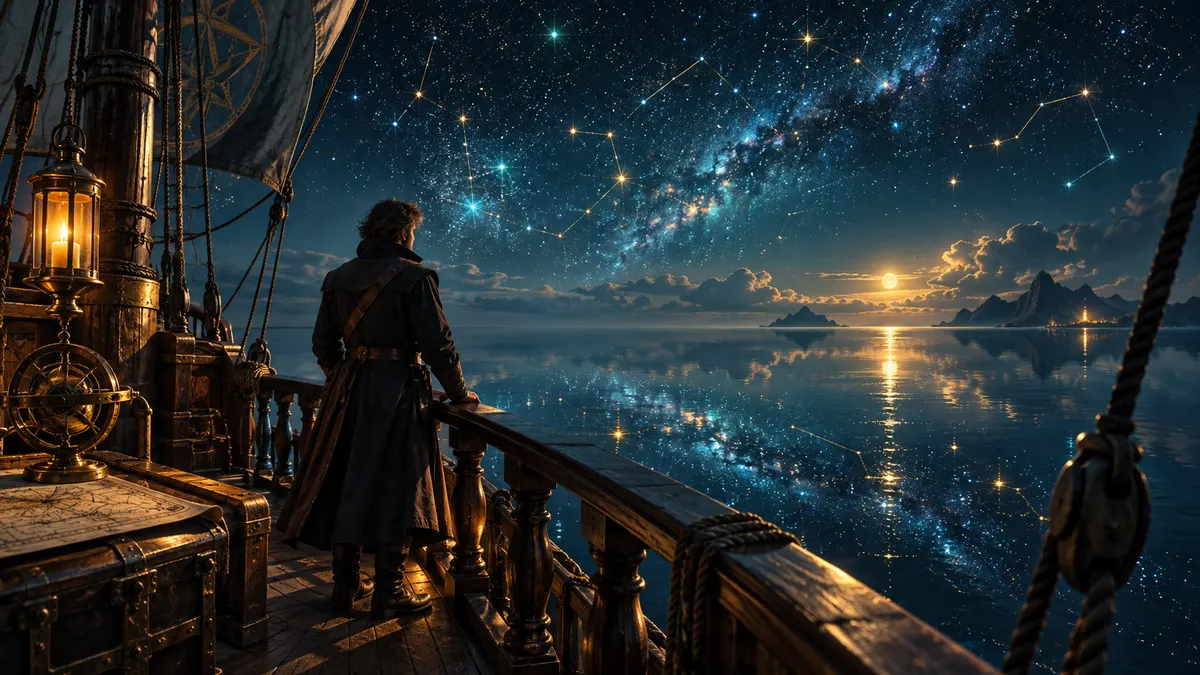 Un navigateur contemple une constellation reflétée sur la mer depuis le pont d’un galion.