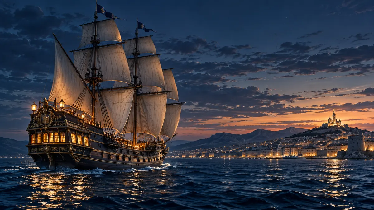 Un galion à trois mâts navigue sur la Méditerranée dans une lumière bleue et dorée.
