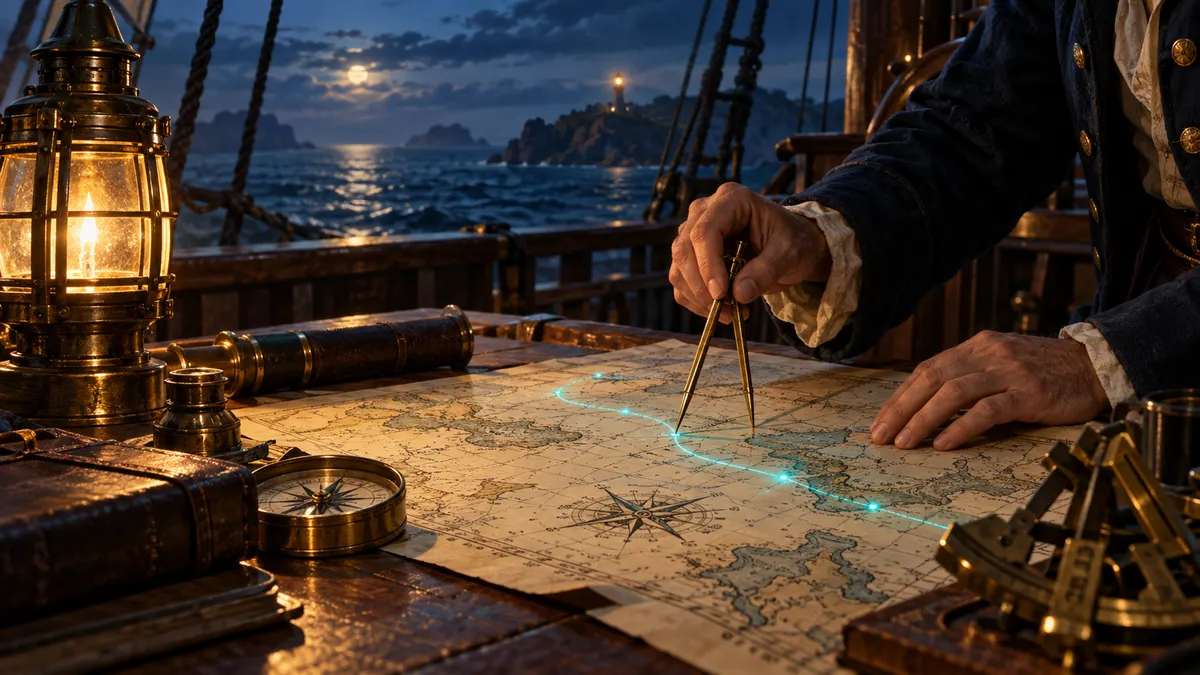 Un navigateur vérifie une route lumineuse sur une carte marine avec un compas en laiton.