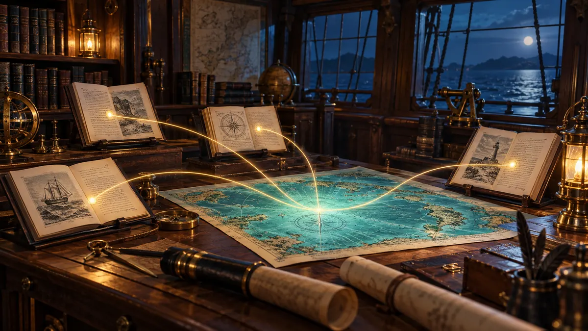 Dans une bibliothèque de galion, des fils lumineux relient des documents sélectionnés à une carte.