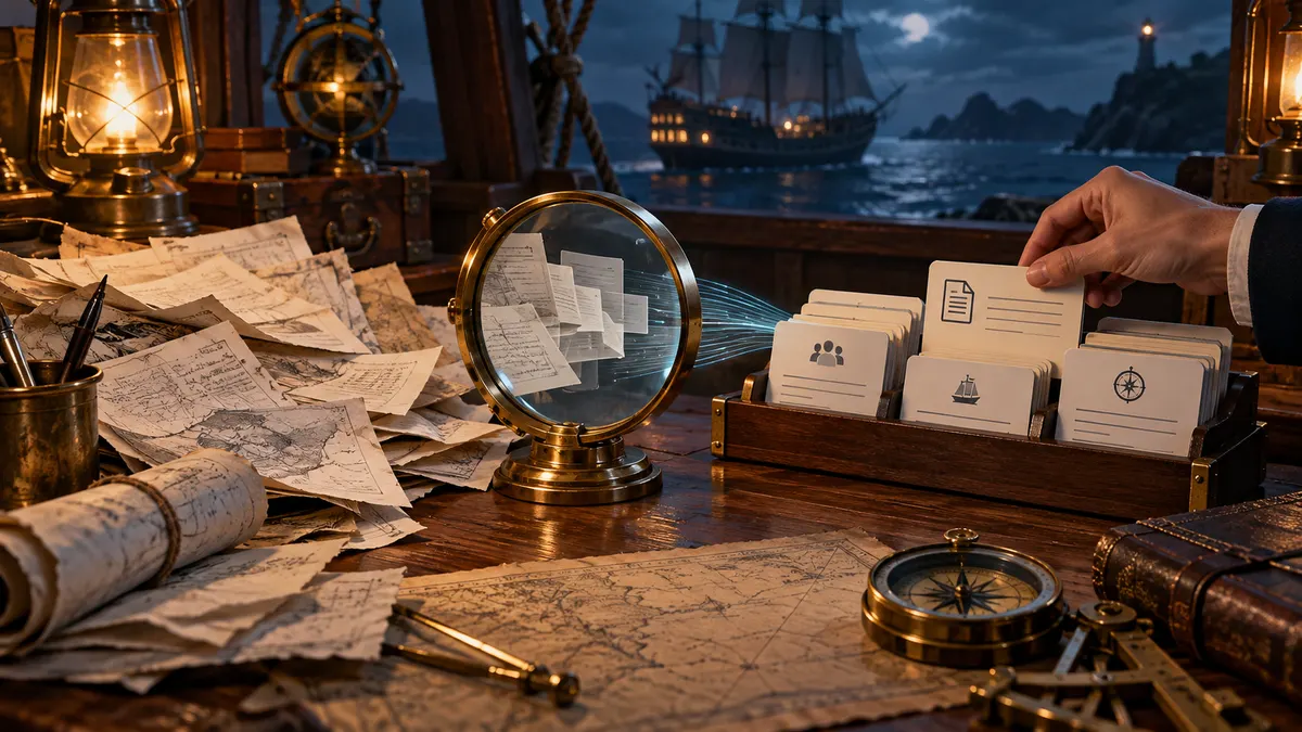 Des documents sont transformés en fiches ordonnées sur une table de navigation, sous le contrôle d’une main humaine.