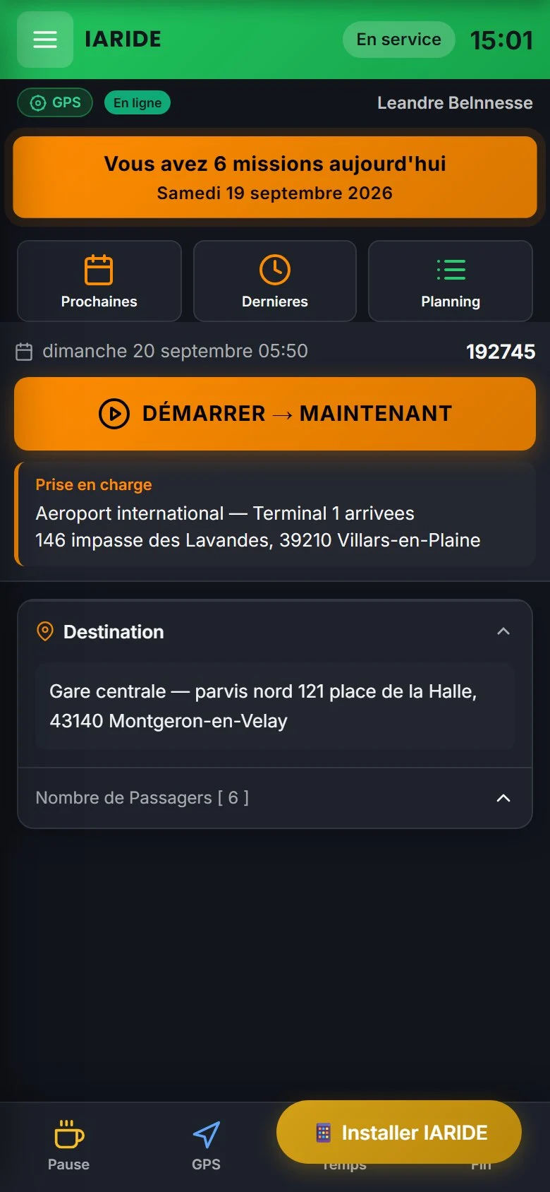 Application chauffeur IARiDE sur smartphone : mission du jour et démarrage de la course