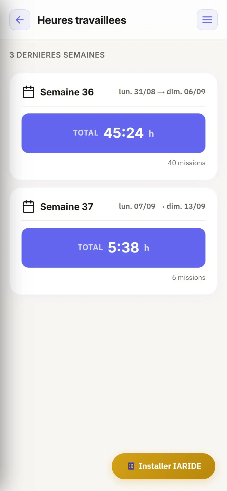 Application chauffeur IARiDE : heures travaillées validées par semaine