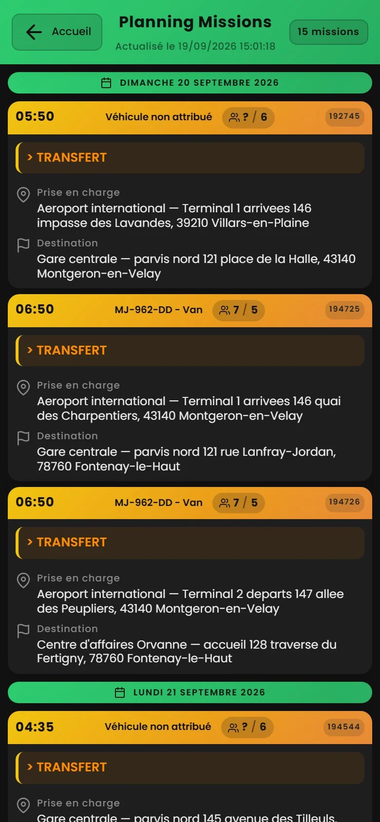 Application chauffeur IARiDE : planning des missions à venir avec lieux de prise en charge